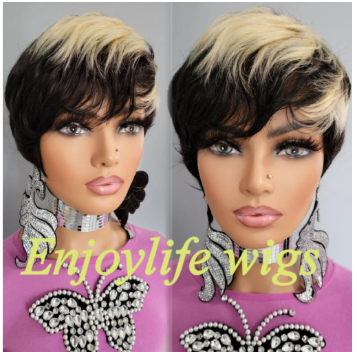 100% human hair pixie wig with highlights (BOGO)