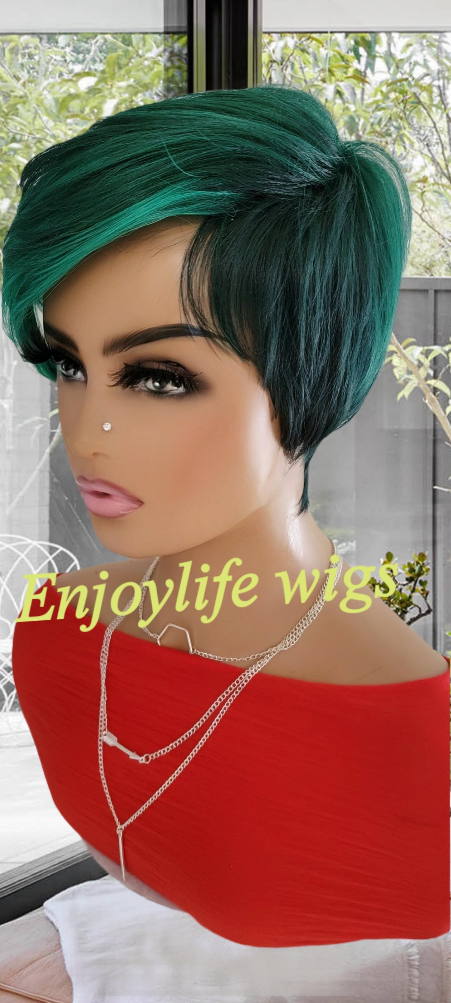 sexy green ombre black root pixie short cut adjustable wig