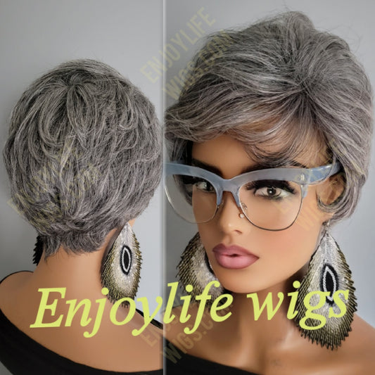 100% Human hair grey pixie wig (BOGO)