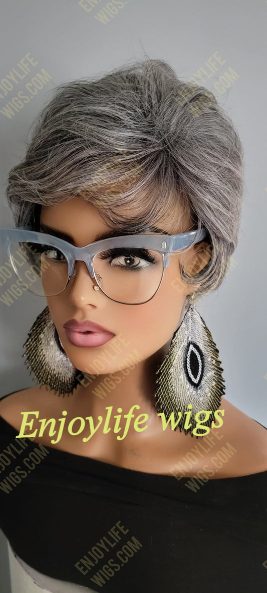 100% Human hair grey pixie wig (BOGO)