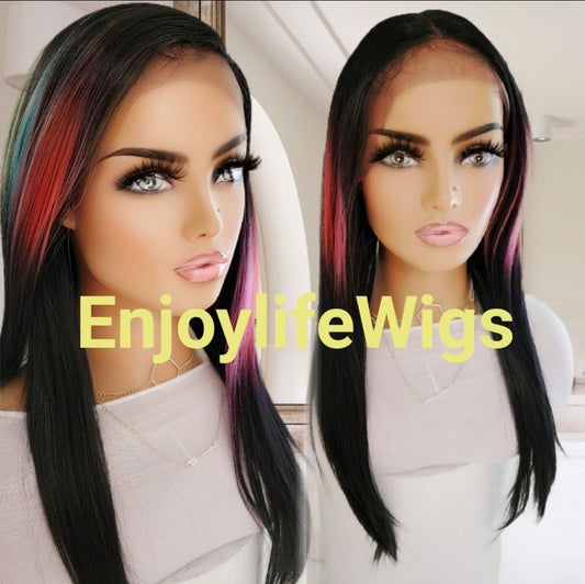 Black 3D multi-color splash custom dyed straight lace front wig