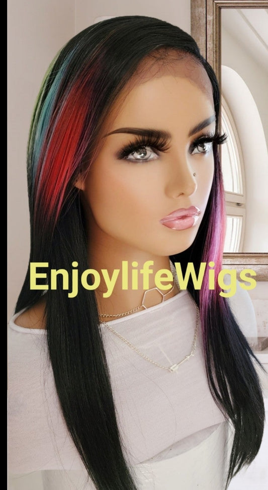 Black 3D multi-color splash custom dyed straight lace front wig