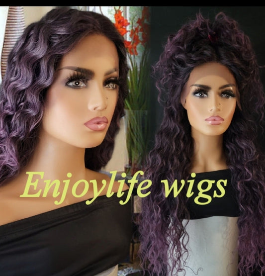 lavender purple splash curly Hawaiian wave lace front wig black root and beautiful