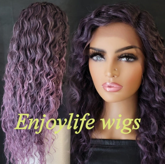 lavender purple splash curly Hawaiian wave lace front wig black root and beautiful
