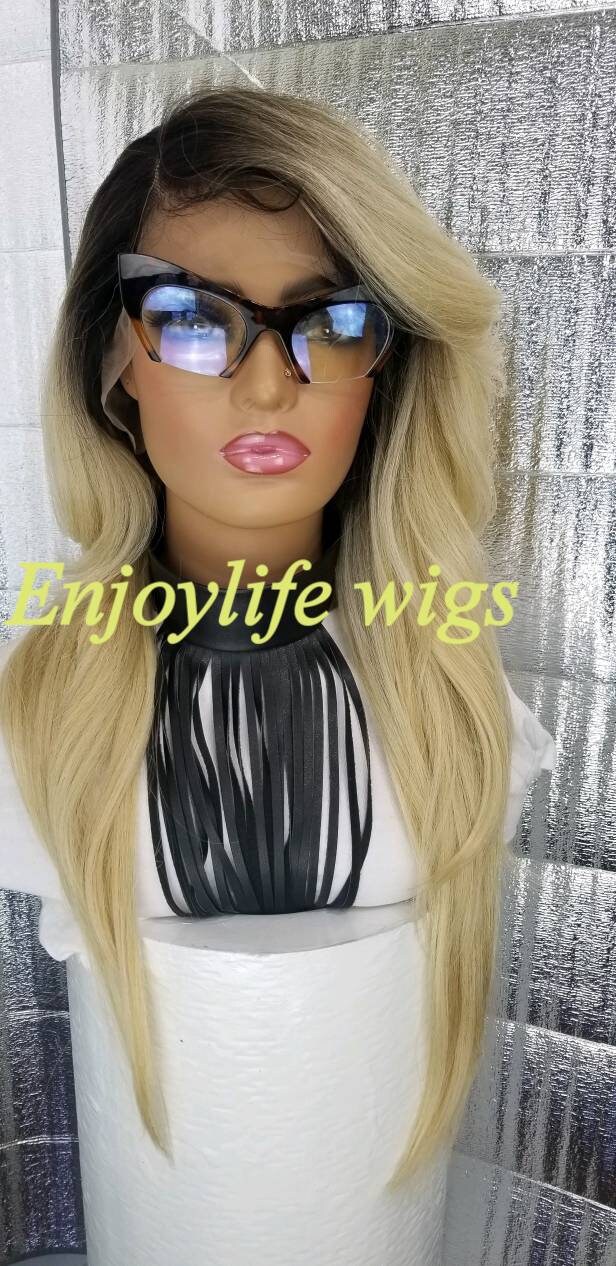 Dark root baylage honey blonde ombre lace front wavy wig