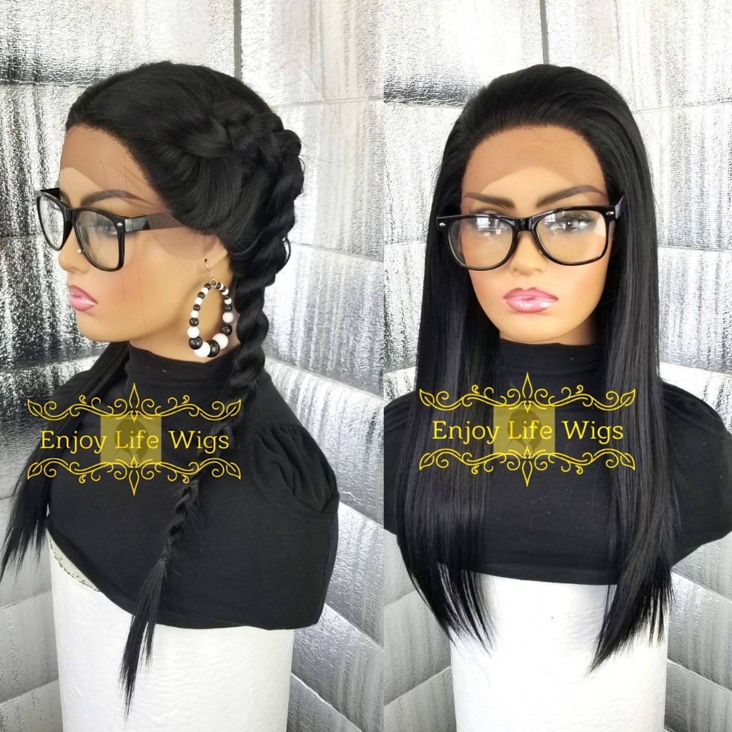 Black straight lace front  multi part wig
