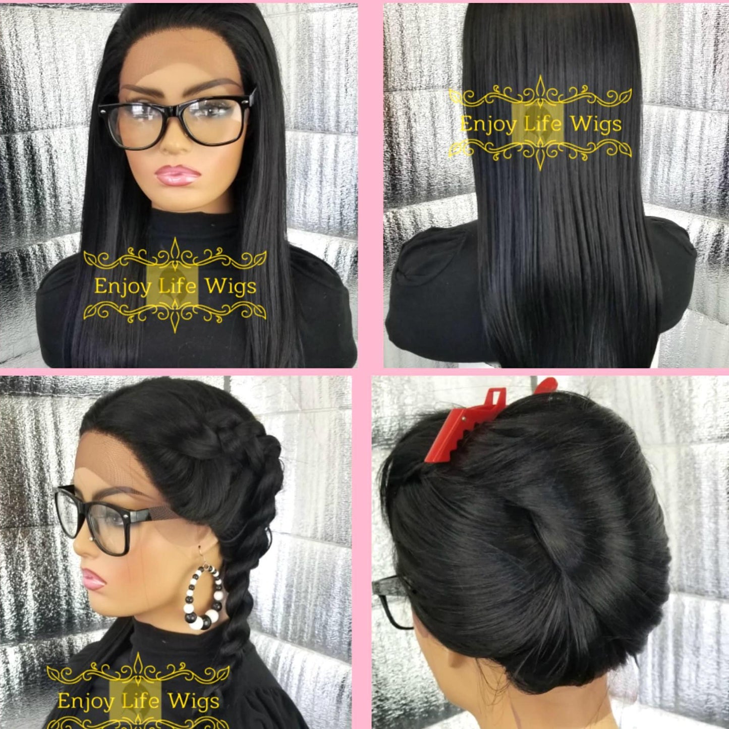 Black straight lace front  multi part wig