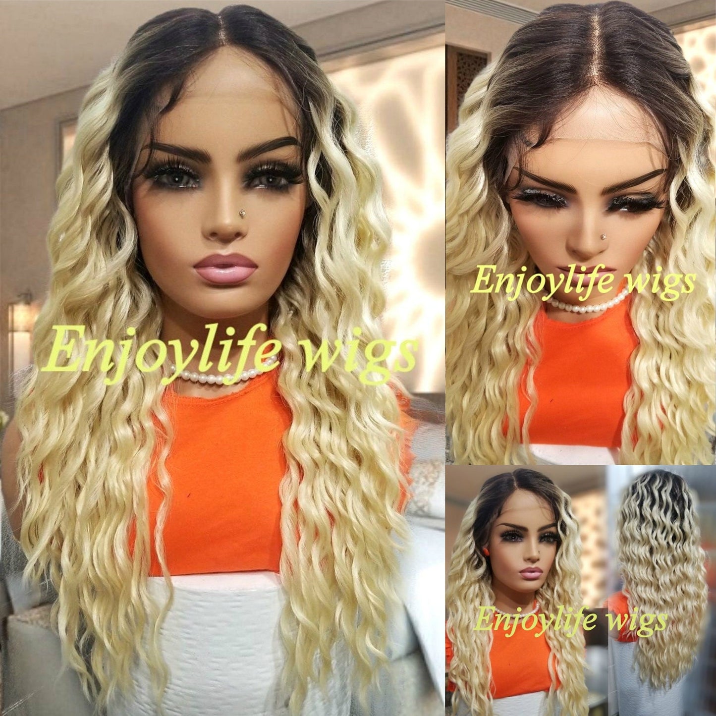 blonde brown root wavy lace front wigs