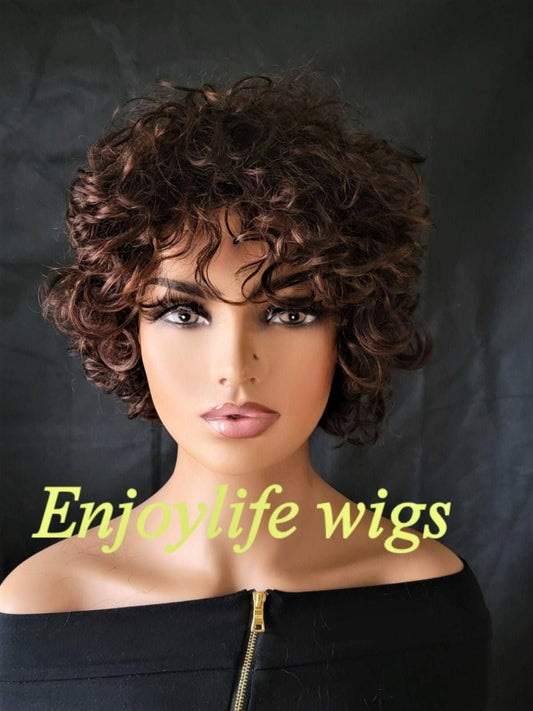 Curly girl natural looking sexy 100 percent human hair brown with golden highlights wig with adjustable straps  in the cap