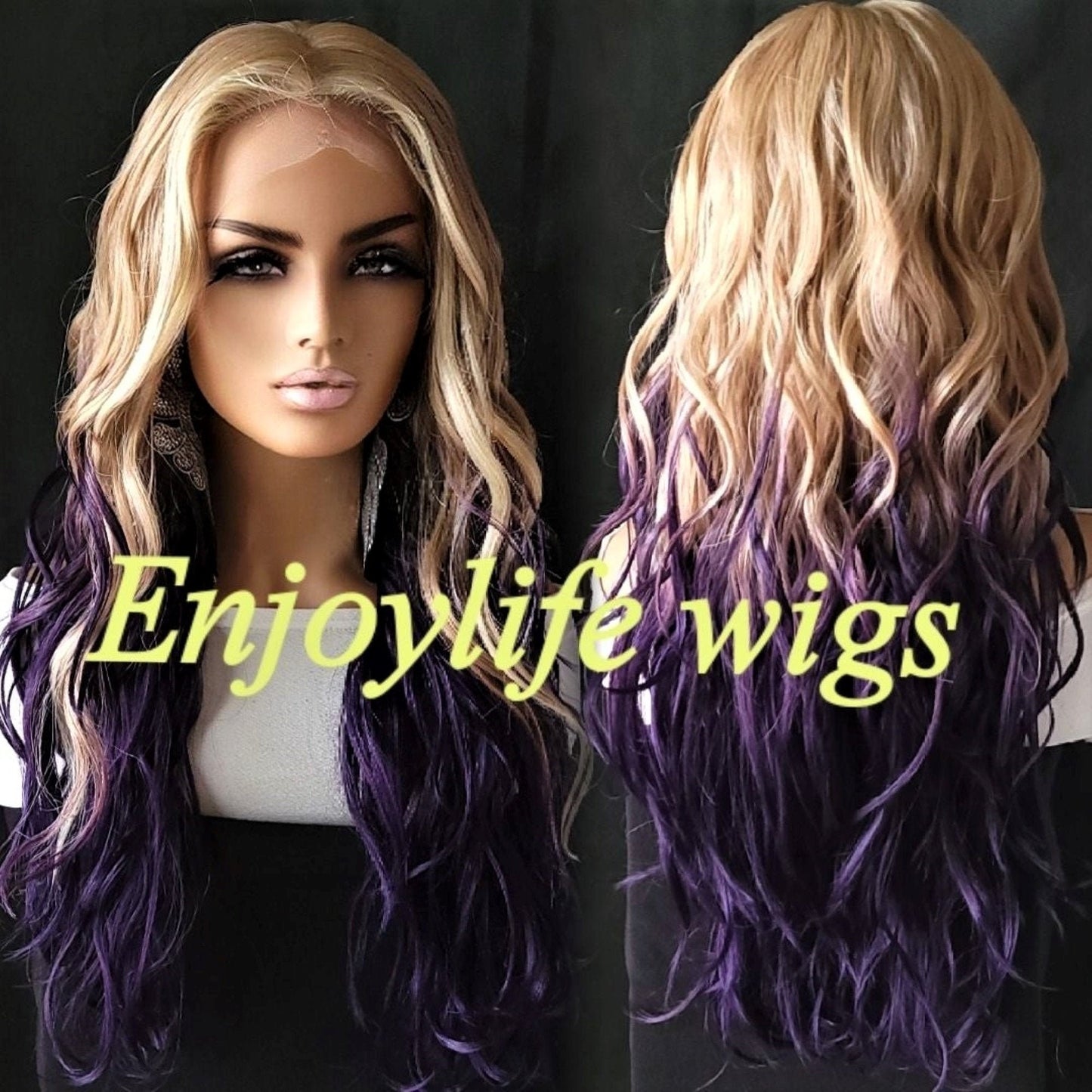 natural wavy deep purple dipped blonde straight lace front wig