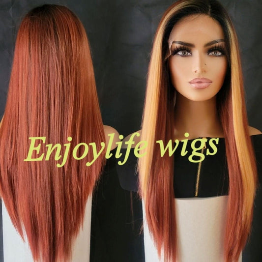 burn orange straight blonde highlighted lace front wig with balayage honey highlights