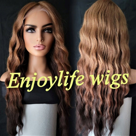 3 tone triple brown golden wavy HD lace front wig