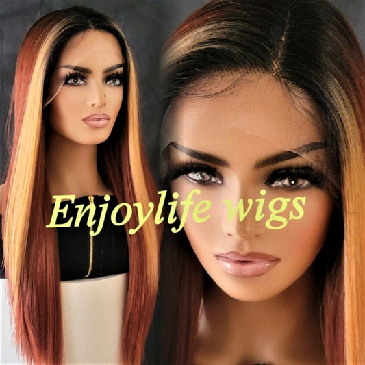 burn orange straight blonde highlighted lace front wig with balayage honey highlights