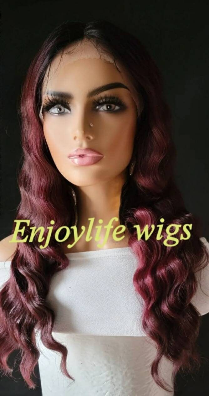h.d balayage burgundy red black roots ombre wavy lace front wig