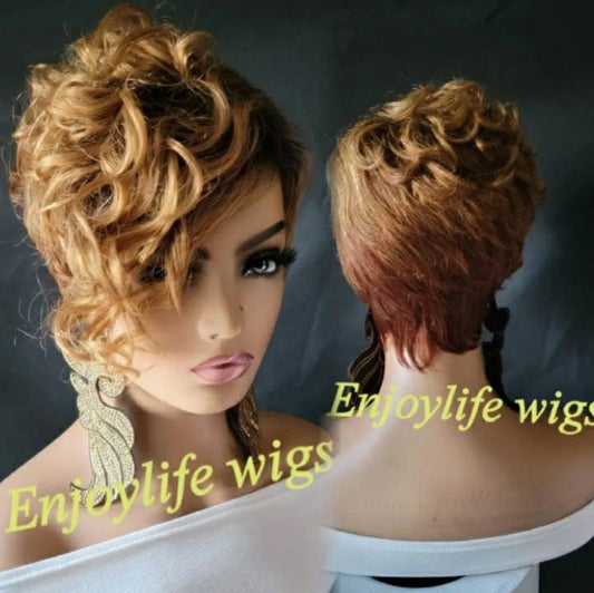 short sexy asymmetric cut 100 percent human hair brown with golden highlights pixie wig with adjustable straps and combs in the cap