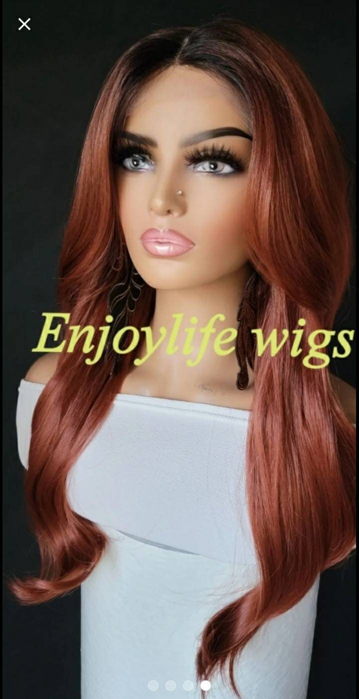 natural looking H.D copper red dark root balayage color wavy lace front wig