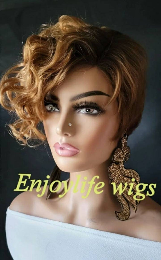 short sexy asymmetric cut 100 percent human hair brown with golden highlights pixie wig with adjustable straps and combs in the cap