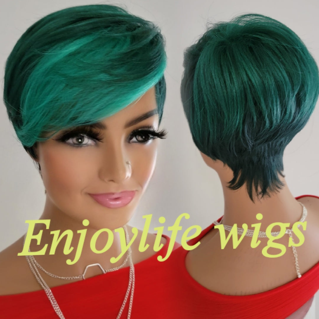 sexy green ombre black root pixie short cut adjustable wig
